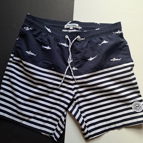 Maamgic Shorts Men'sLarge Blue White Striped Quick Dry Swim Trunks - Picture 1 of 7